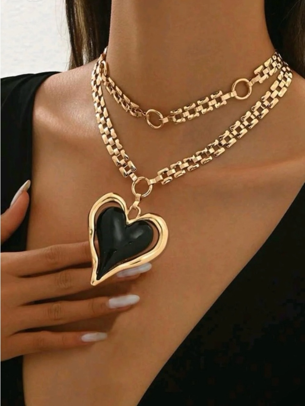 Gold and Black Heart Pendant Necklace & Earrings Set - Picture 6 of 6